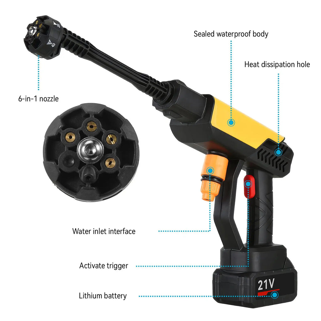 70Bar Cordless Electric High Pressure Wash 6 IN 1 Car Wash Water Gun clean Garden Irrigation Tool With 2PCS 21V Battery